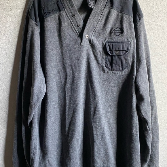 Harley Davidson Gray and Black Henley Long Sleeve 3 Button Pullover Sweater 2XL - Picture 3 of 16